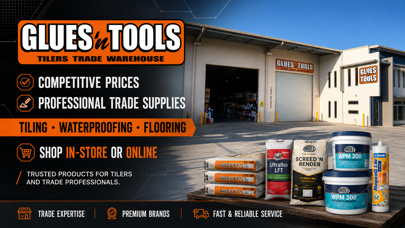 Glues 'N Tools Tilers Trade Warehouse homepage banner